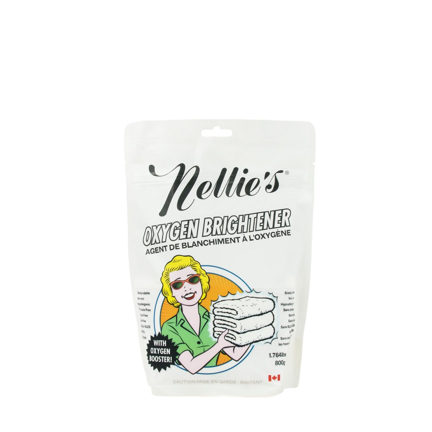 White pouch of Nellie's Oxygen Brightener with vintage illustration in Cleaning and Laundry Supplies under $50 category