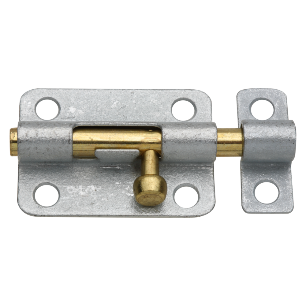 Galvanized steel and brass door barrel bolt with mounting holes for door and gate hardware in home improvement projects