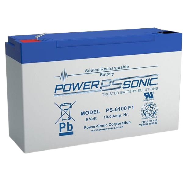 Blue and white sealed rechargeable 6-volt battery with F1 terminal for home improvement backup power needs