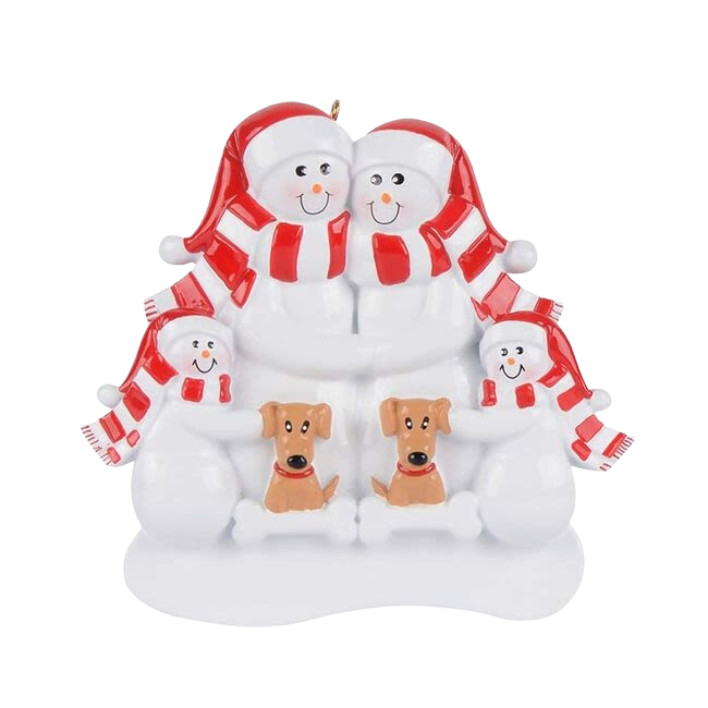 Snow family of four wearing red scarves and hats with two tan dogs, festive Christmas ornament under $50 decoration