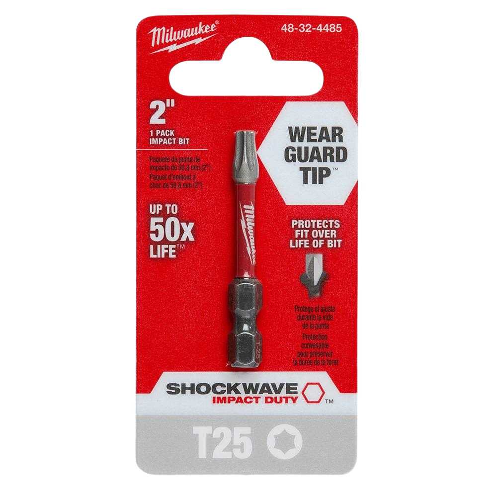 Red Milwaukee SHOCKWAVE™ T25 TORX bit with Wear Guard Tip for enhanced durability in power tool accessories collection