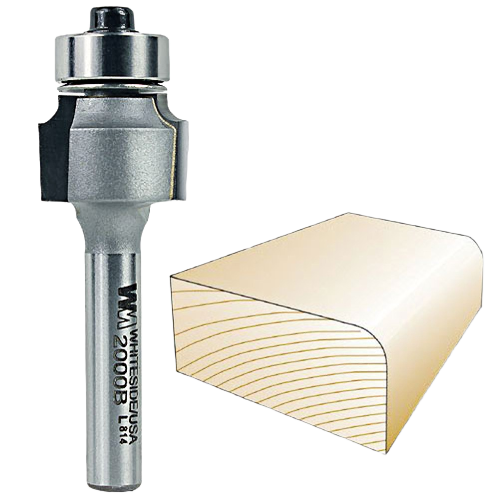 Metal woodworking roundover bit with bearing guide alongside sample wood edge profile for tool accessories and home improvement