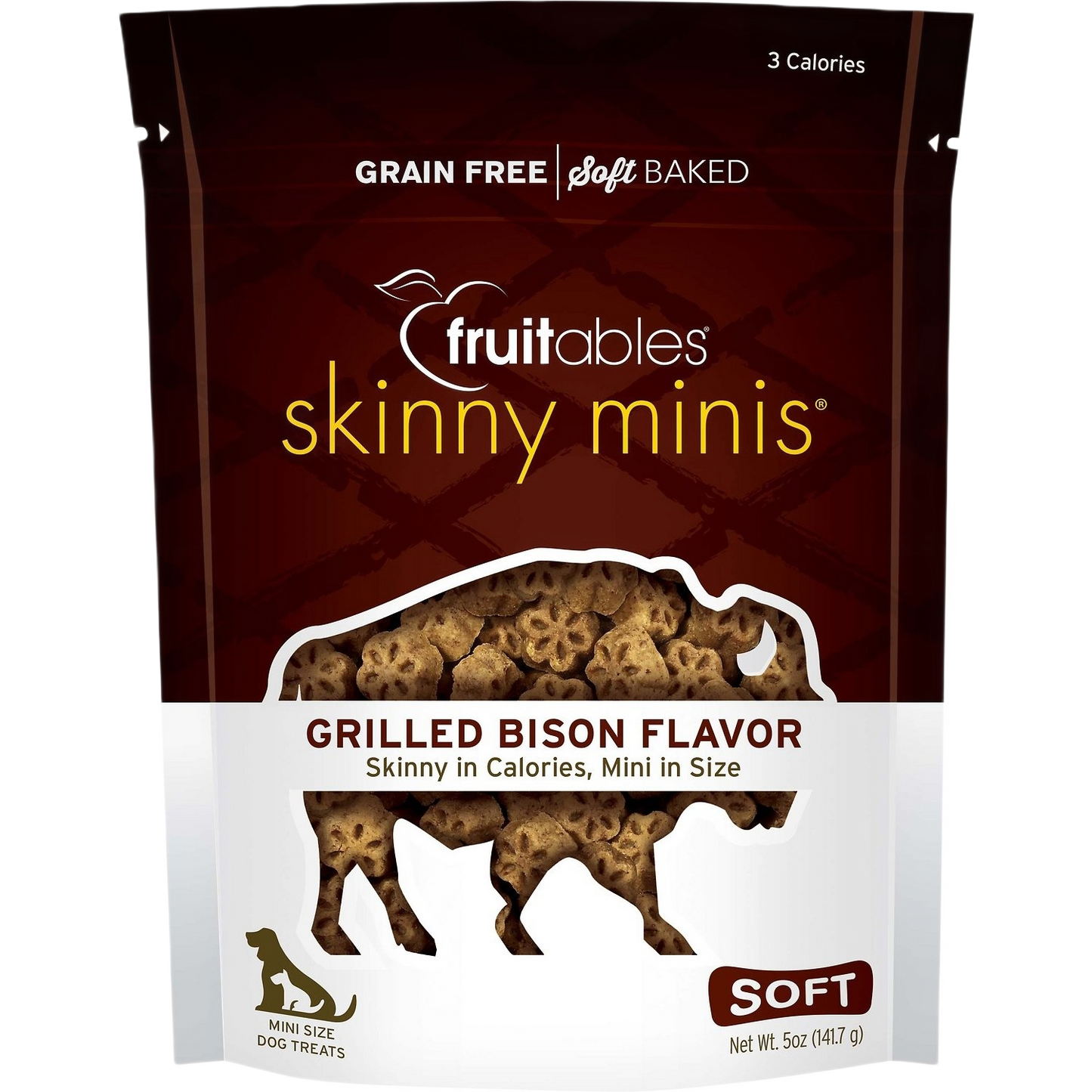 Package of grain-free, soft baked grilled bison dog treats, mini size, low-calorie option in pet supplies and treats collections