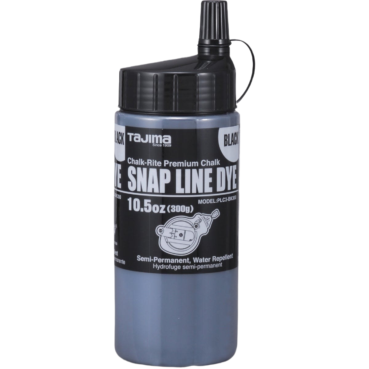 Black dye chalk container in 10.5 oz size for use with snap-line tools in home improvement projects