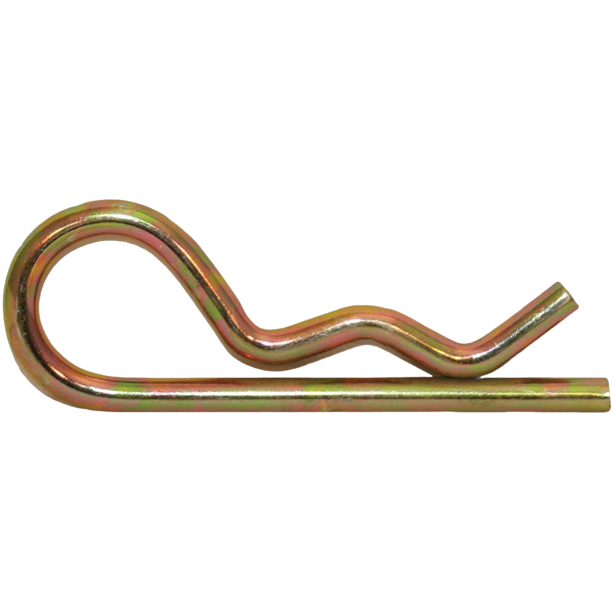 Yellow zinc dichromate-plated hitch pin clip used in trailers, towing equipment, and automotive tools for secure fastening.