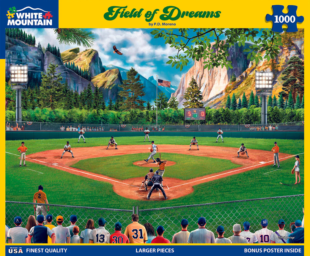 Colorful illustration of a baseball game in progress with fans watching from the stands in a scenic outdoor stadium