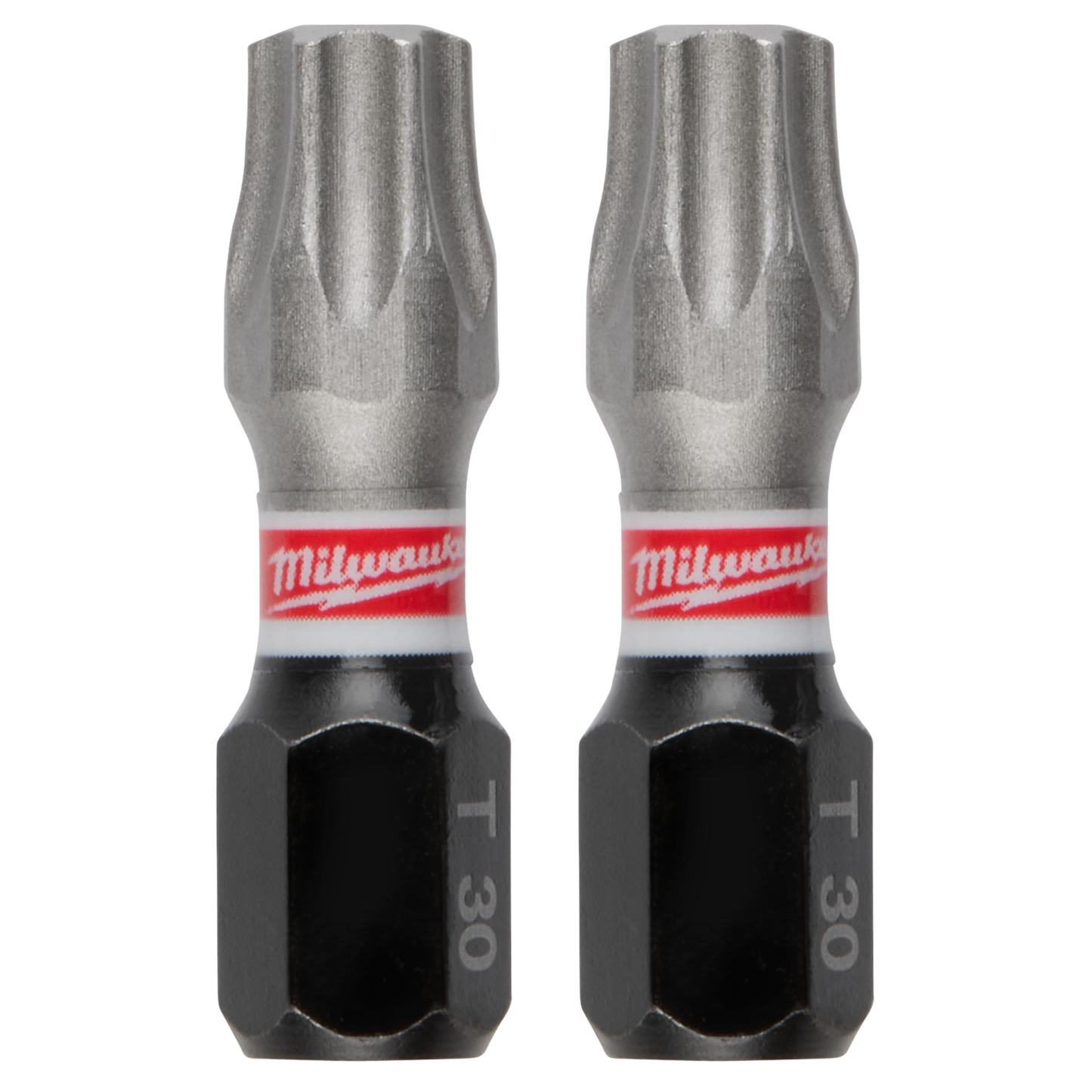 Two Milwaukee SHOCKWAVE™ Impact Duty TORX T30 1-inch insert bits for power tool accessories and home improvement
