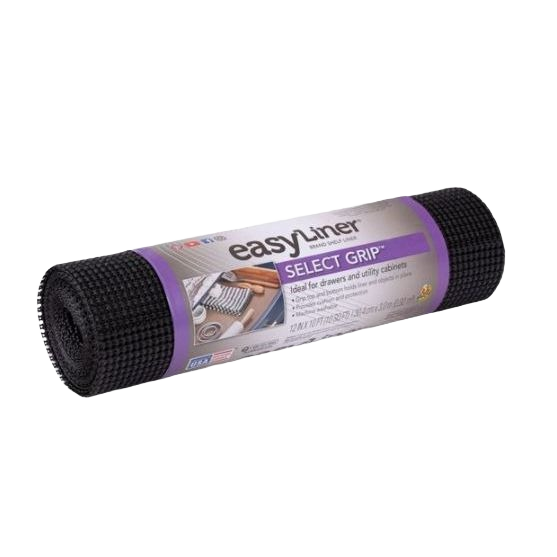 Roll of black non-slip shelf liner designed for drawer and cabinet organization and protection in kitchen storage.