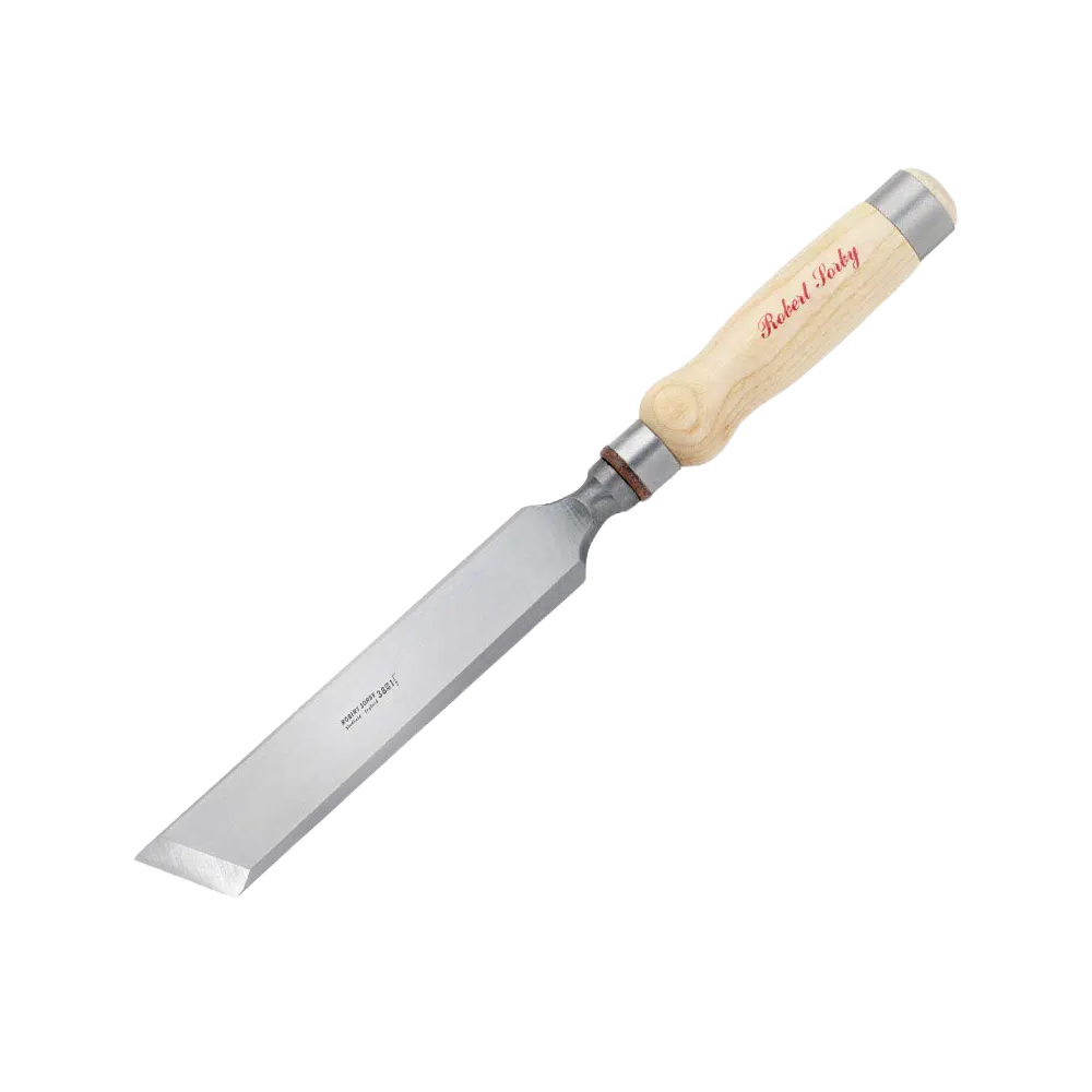Bevel edge framing chisel with polished steel blade and light wooden handle for woodworking and home improvement tasks