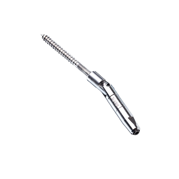 Metal quick-connect pivot screw designed for angled wood post attachments in outdoor living and deck accessories