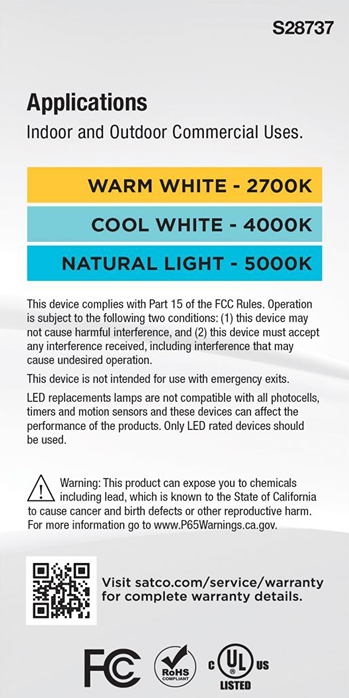 Lighting guide showing selectable color temperatures 2700K, 4000K, 5000K with indoor and outdoor commercial use details