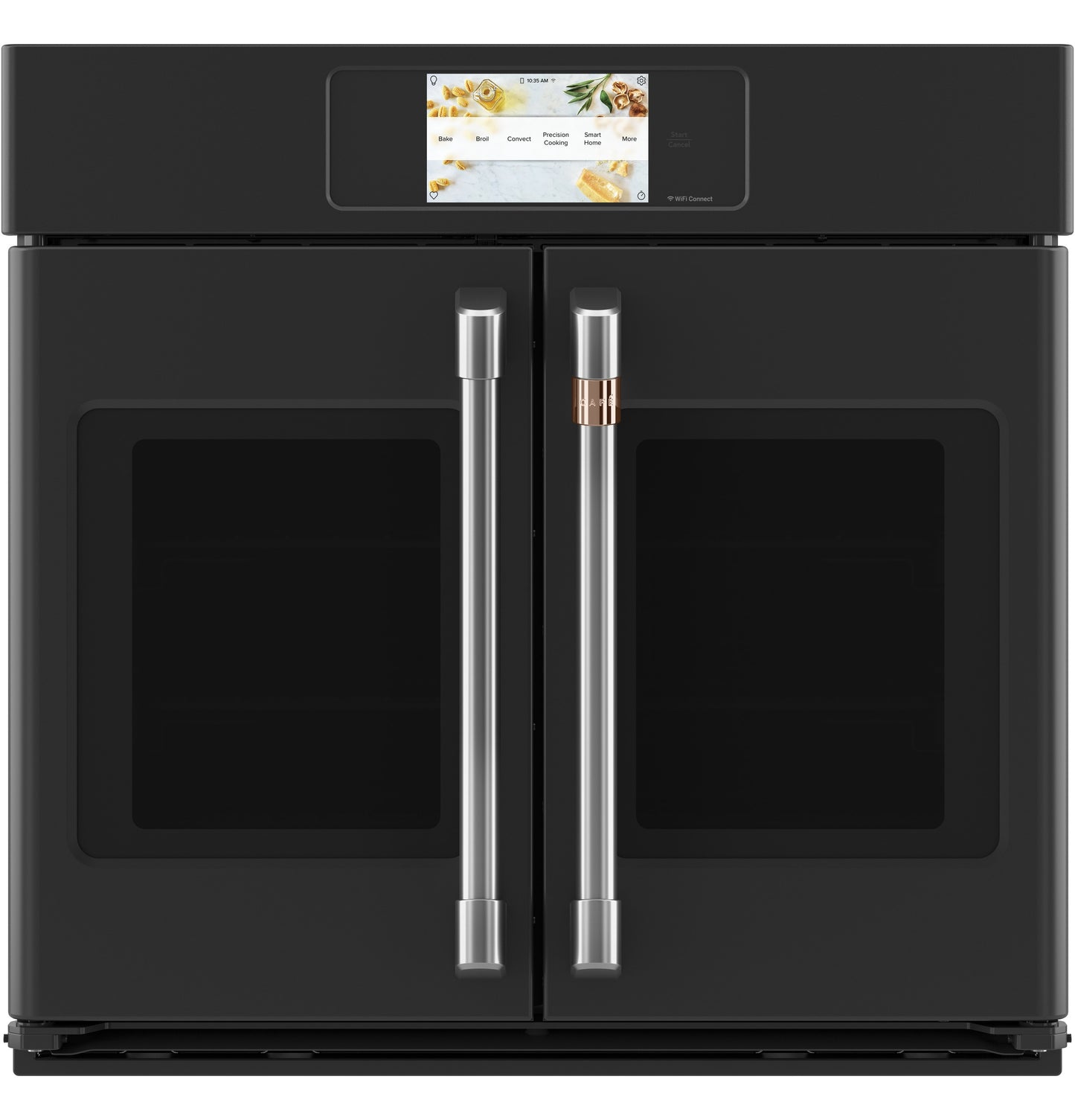 Black built-in convection wall oven with dual French doors and touchscreen control in modern kitchen setting