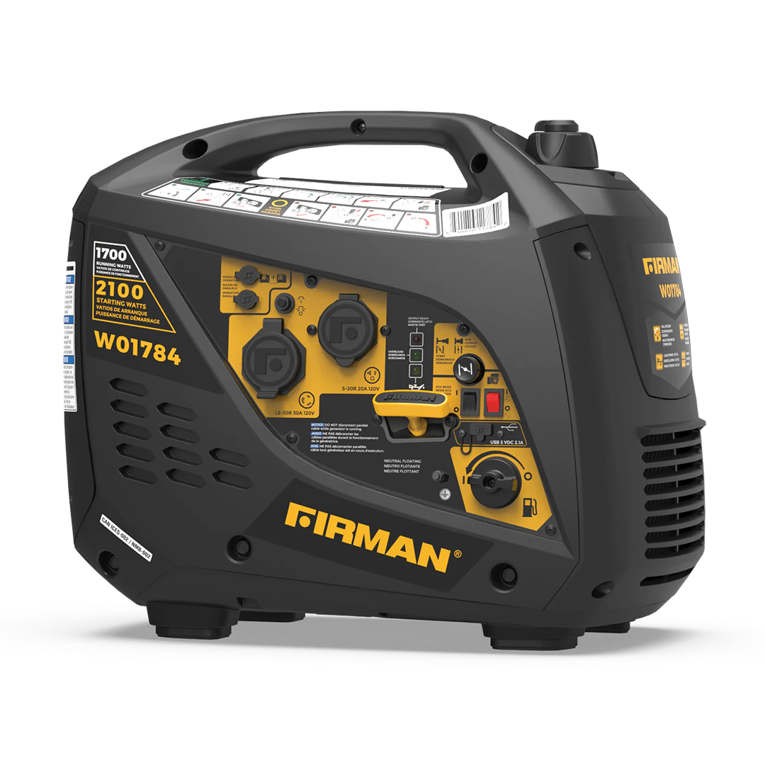 Portable inverter generator with recoil start, multiple power outlets, control panel, and compact black and yellow casing