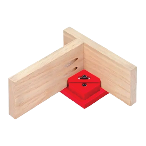 Red molded corner clamp holding two wooden boards at a right angle for woodworking and home improvement tasks