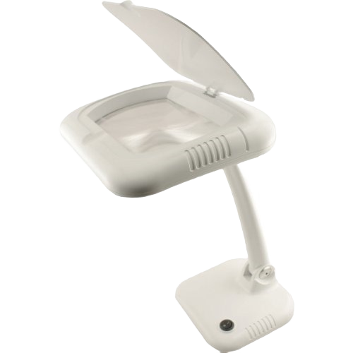 White LED desk magnifier with adjustable arm and protective lens cover for work lights and home improvement tools collections