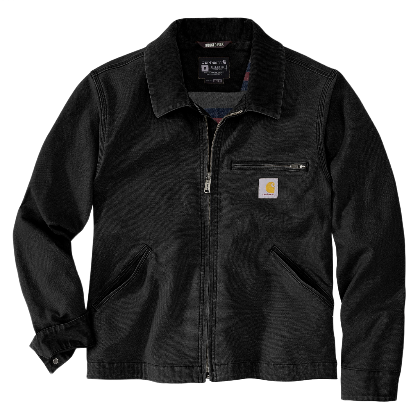 Black durable cotton canvas jacket with zip front, chest pocket, and relaxed fit in men's outerwear collections