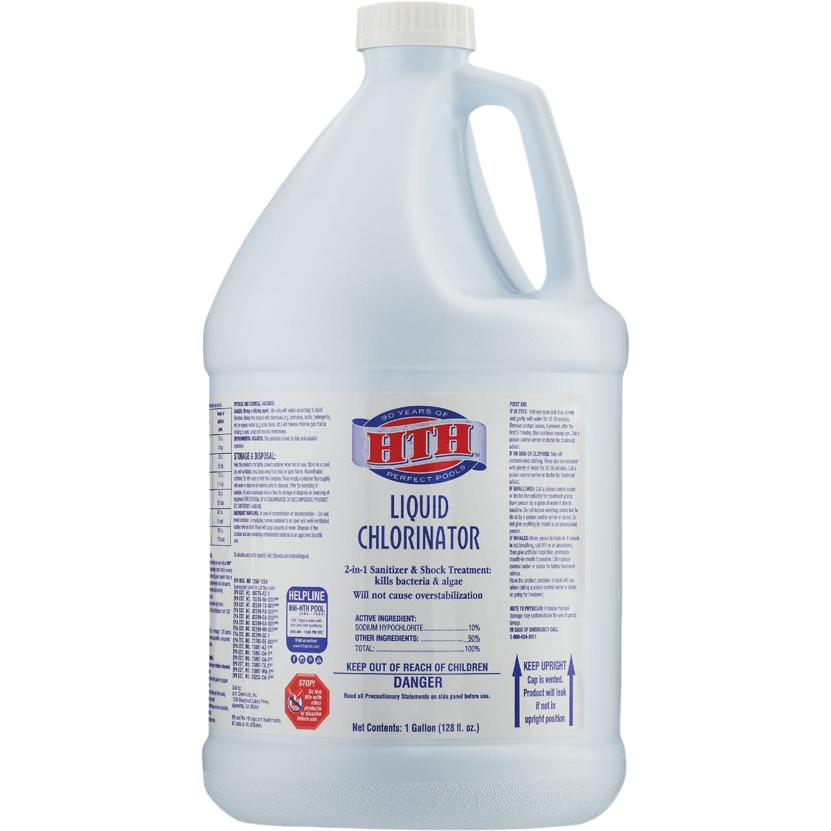 White plastic gallon container of chlorine liquid sanitizer for home and pool maintenance tasks