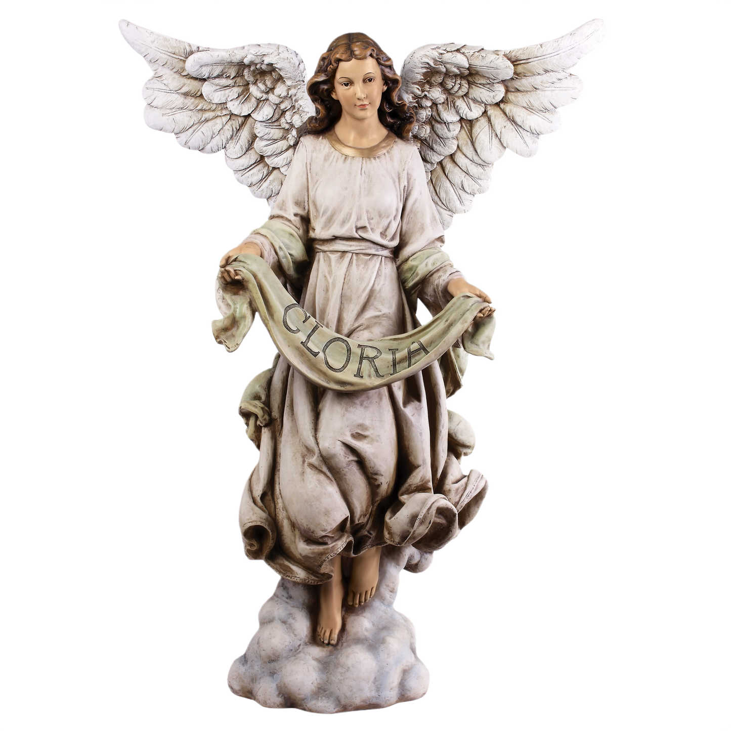 Resin and stone Gloria Angel figurine holding banner with "GLORIA" for Christmas and Nativity Scenes collection