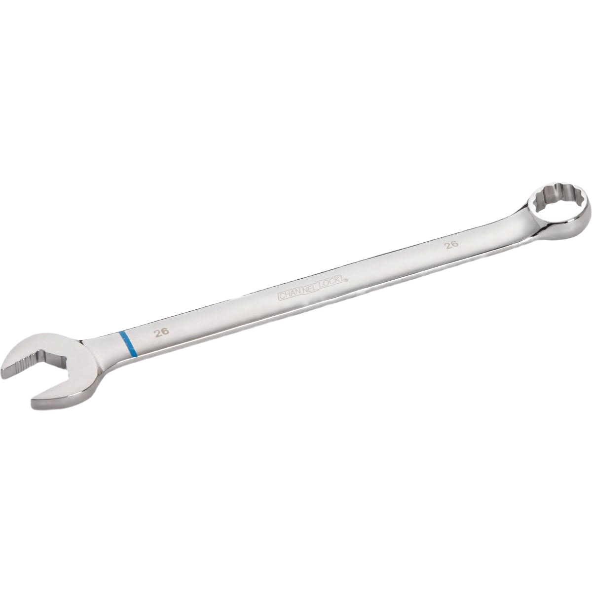 Polished 26mm 12-point combination wrench with open and boxed ends for professional home improvement tasks