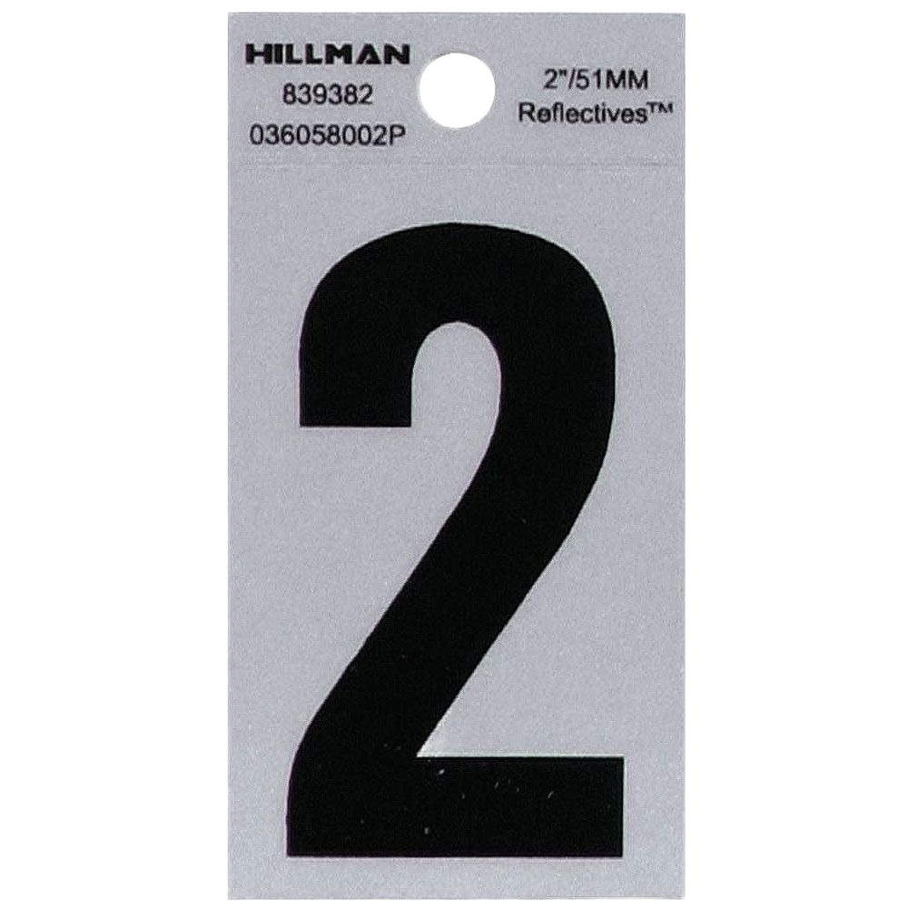 Reflective black number 2 with silver backing for adhesive home improvement and address display purposes