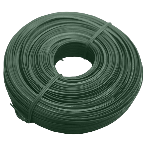 Coiled green plastic twist hobby wire secured with ties for crafts and home improvement projects