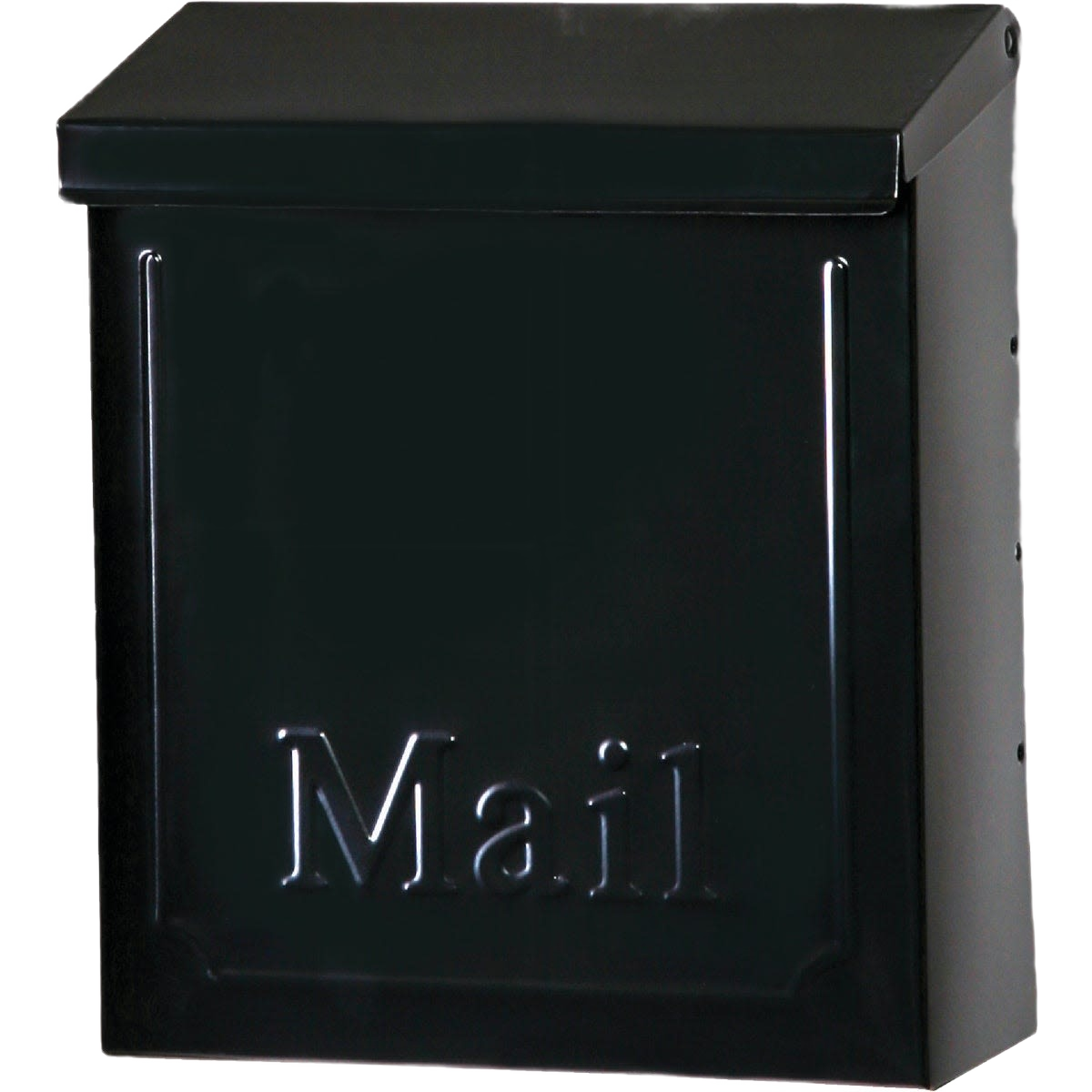 Black locking mailbox with embossed mail lettering, designed for secure outdoor home improvement use