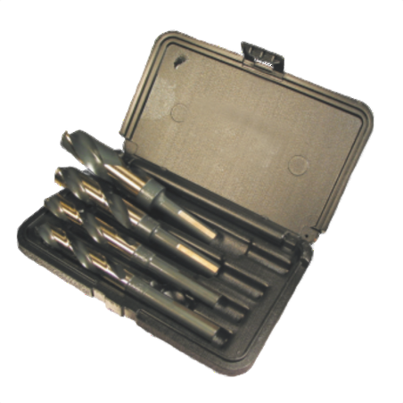 Set of four heavy-duty drill bits with reduced shank and split point in a protective plastic case for power tool accessories collections