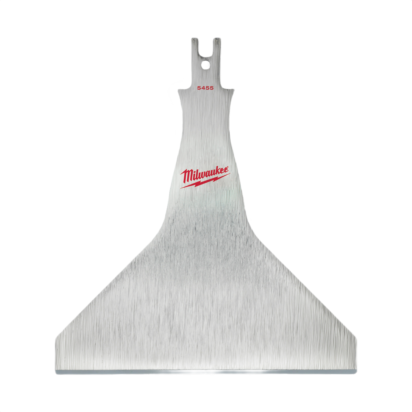 Wide stainless steel scraper blade with Milwaukee logo for power tool and woodworking accessories use