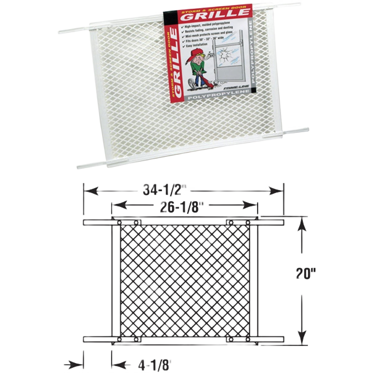 White plastic door grille with mesh pattern and installation measurements for home improvement use