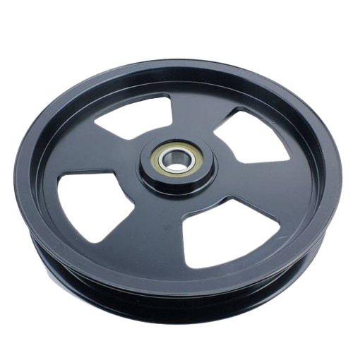 Black metal backside idler pulley with bearing designed for lawn and garden equipment maintenance tasks