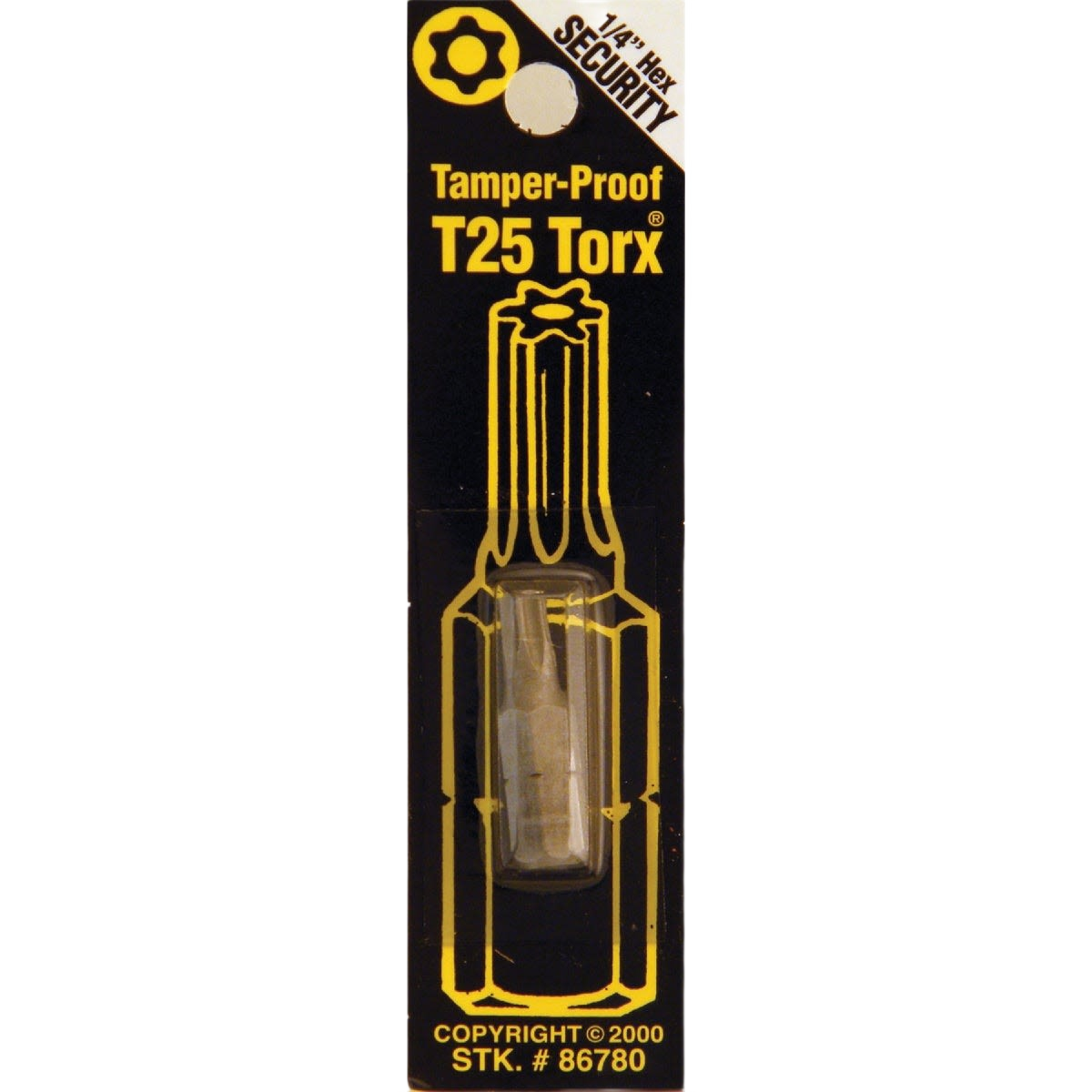 Tamper-proof T25 Torx security bit in black and yellow packaging for tool accessories and drill bit collections under $50