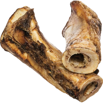 Two large natural buffalo bones with dense meaty texture for durable dog chews and pet care use
