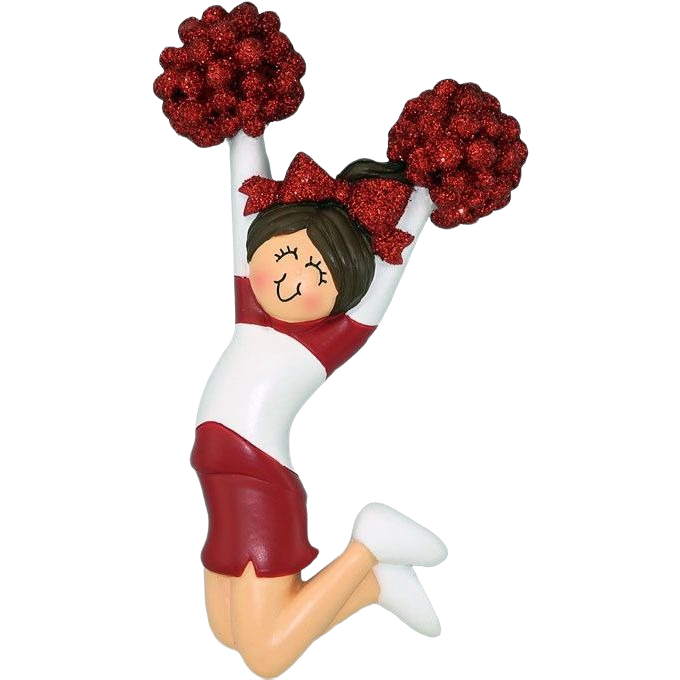 Brunette female cheerleader ornament in red uniform with glittery pom-poms in Christmas Ornaments & Tree Decorations collection