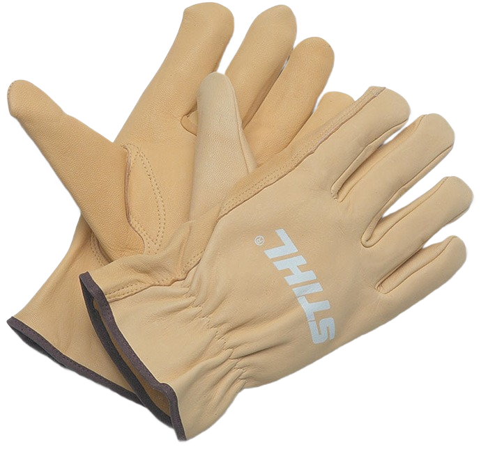 Pair of soft goat skin leather gloves in tan with elastic wrists and STIHL logo for outdoor work and gardening collections