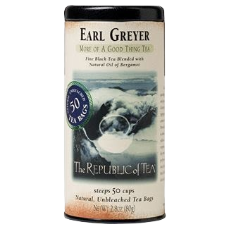 Tall cylindrical tin of Earl Greyer black tea with natural oil of bergamot and 50 unbleached tea bags