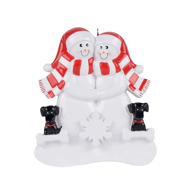 White snow couple wearing red scarves and hats hugging with two black dogs Christmas ornament under $50
