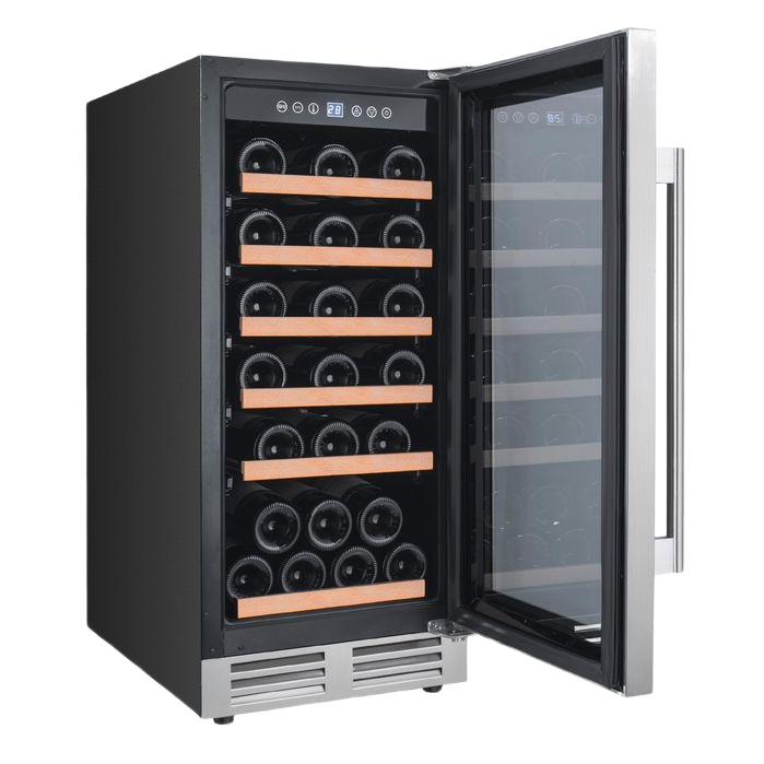28 bottle black wine cooler with seamless glass door, wooden shelves, and digital control panel in kitchen appliances