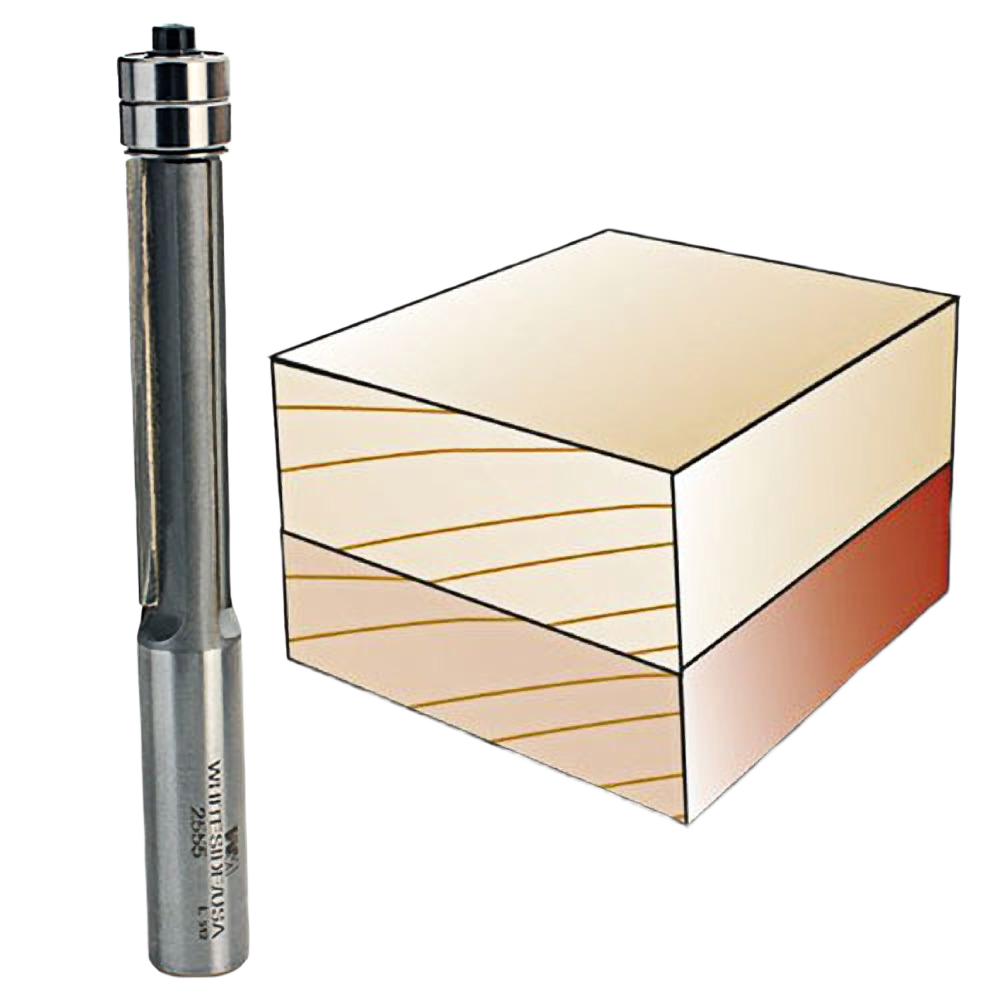 Metal router bit with double bearing next to an illustration of smooth trimmed wood edge for tool accessories.