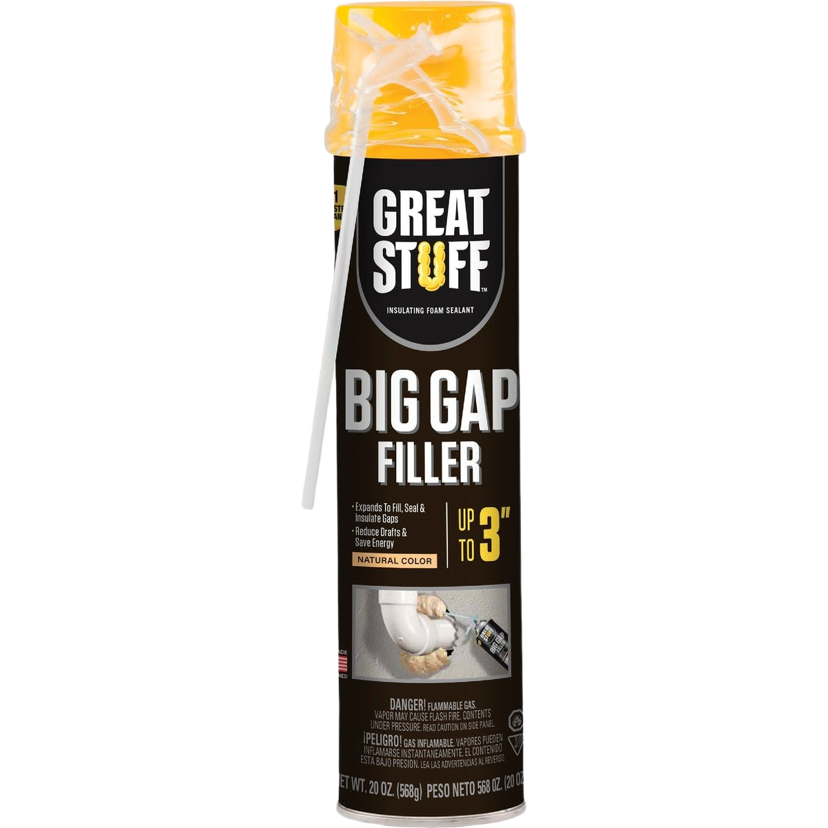 Tall can of insulating foam sealant with attached nozzle and yellow cap for sealing large gaps in home improvement projects
