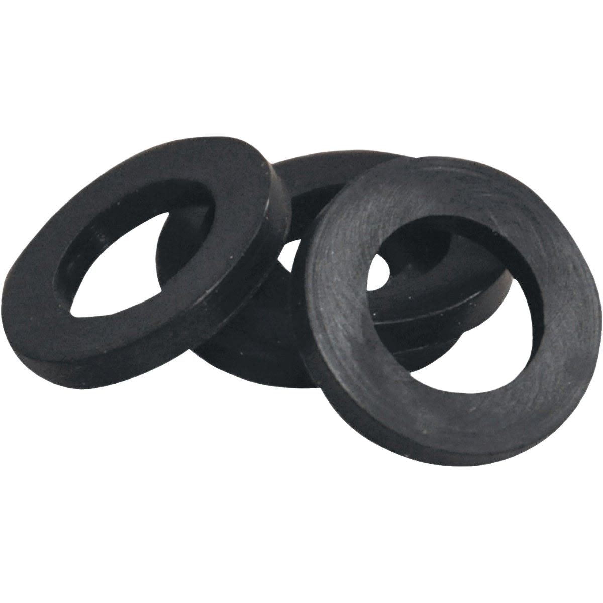 Set of black rubber washers designed for plumbing repairs, fitting standard shower parts and preventing leaks.