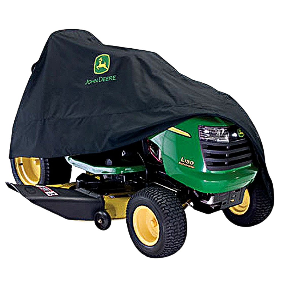 Black protective cover with John Deere logo partially draped over green and yellow riding mower in tool accessories collection