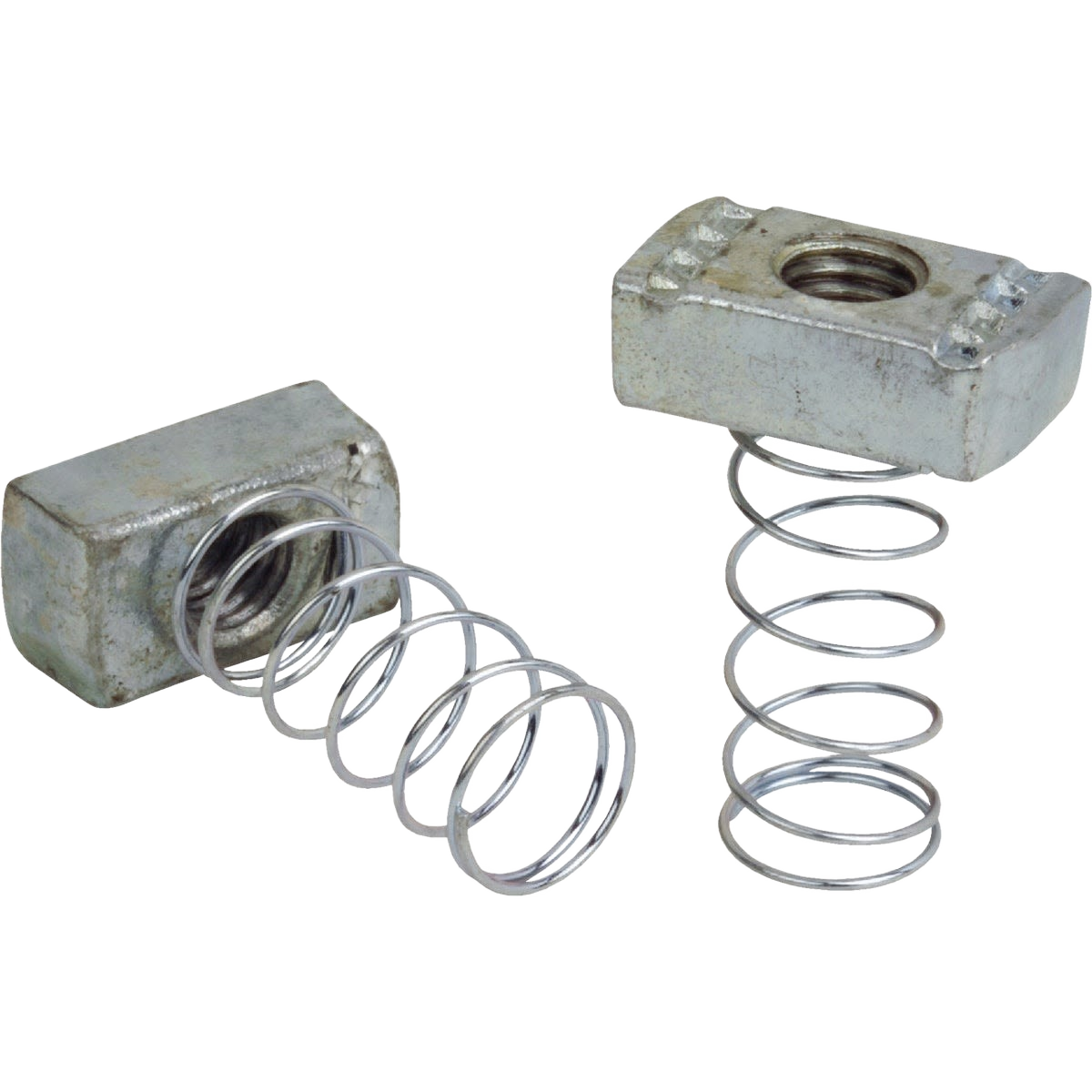 Two zinc-plated spring nuts with integrated coil springs for electrical boxes and conduit fittings under $50
