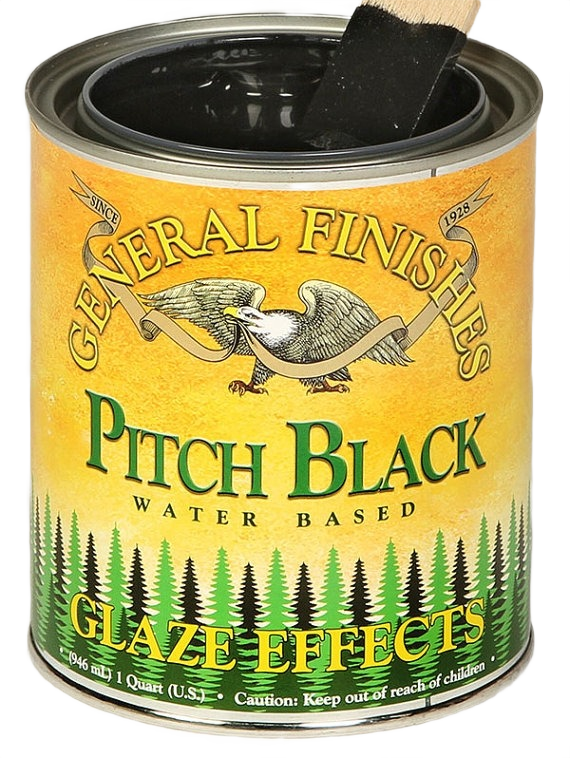 Open can of General Finishes pitch black water based glaze effects with brush, used in wood finishing projects