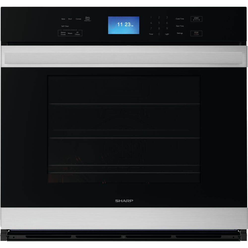 Built-in electric single wall oven with digital display, stainless steel accents, and black glass door from kitchen appliances collection