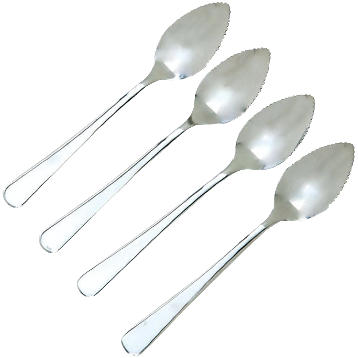 Set of four stainless steel grapefruit spoons with serrated edges for easy scooping in kitchen utensils and gadgets collections