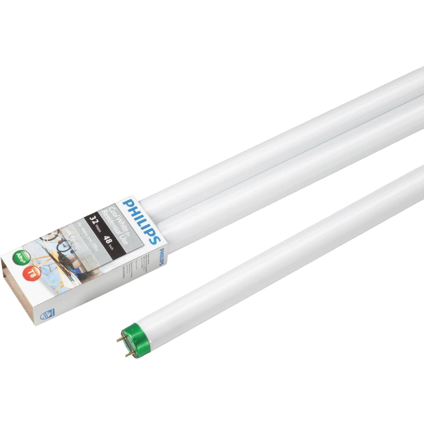 Two-pack of 32 watt cool white T8 fluorescent tube lights with green pin bases for lighting and electrical projects