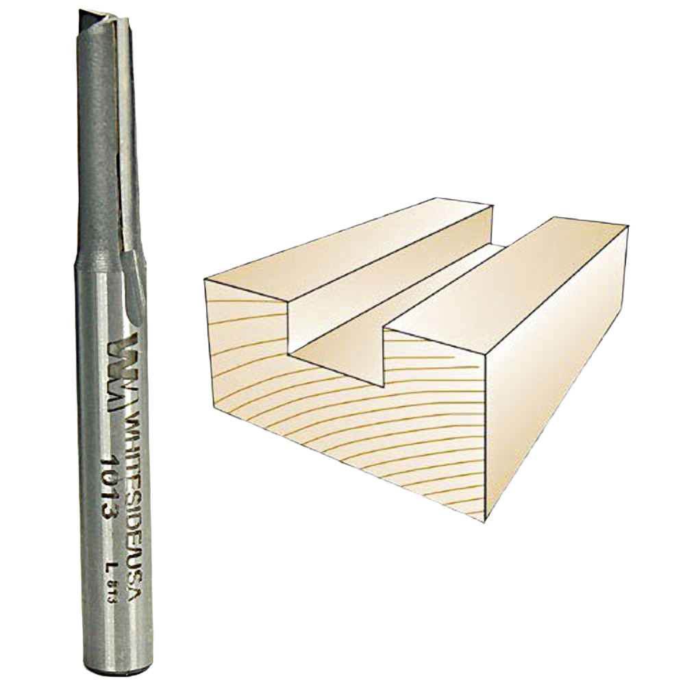 Whiteside 1/4 inch straight router bit with diagram illustrating groove cutting for woodworking in tool accessories collections