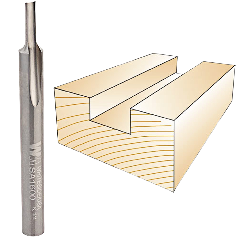 Carbide straight router bit alongside diagram of a precise routed groove in wood for tool accessories and home improvement