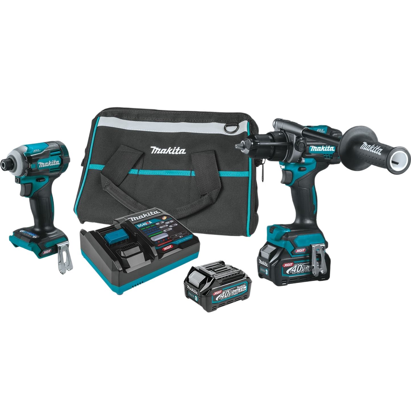 Cordless drill and impact driver set with charger, battery, and black carrying bag for tools and home improvement use