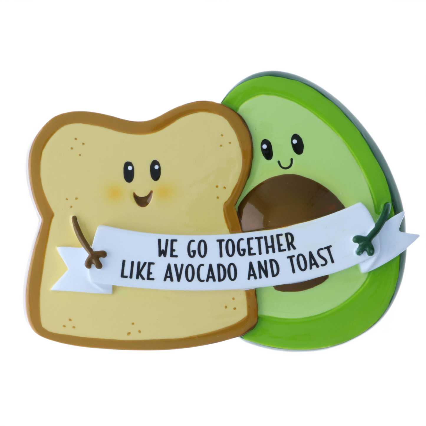 Smiling avocado and toast holding a banner with "We go together like avocado and toast" for Christmas decor under $50